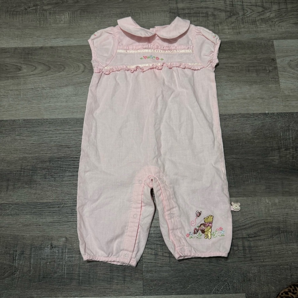 Vintage Walt Disney Embroidered Winnie The Pooh Baby Pink One Piece Outfit  6M